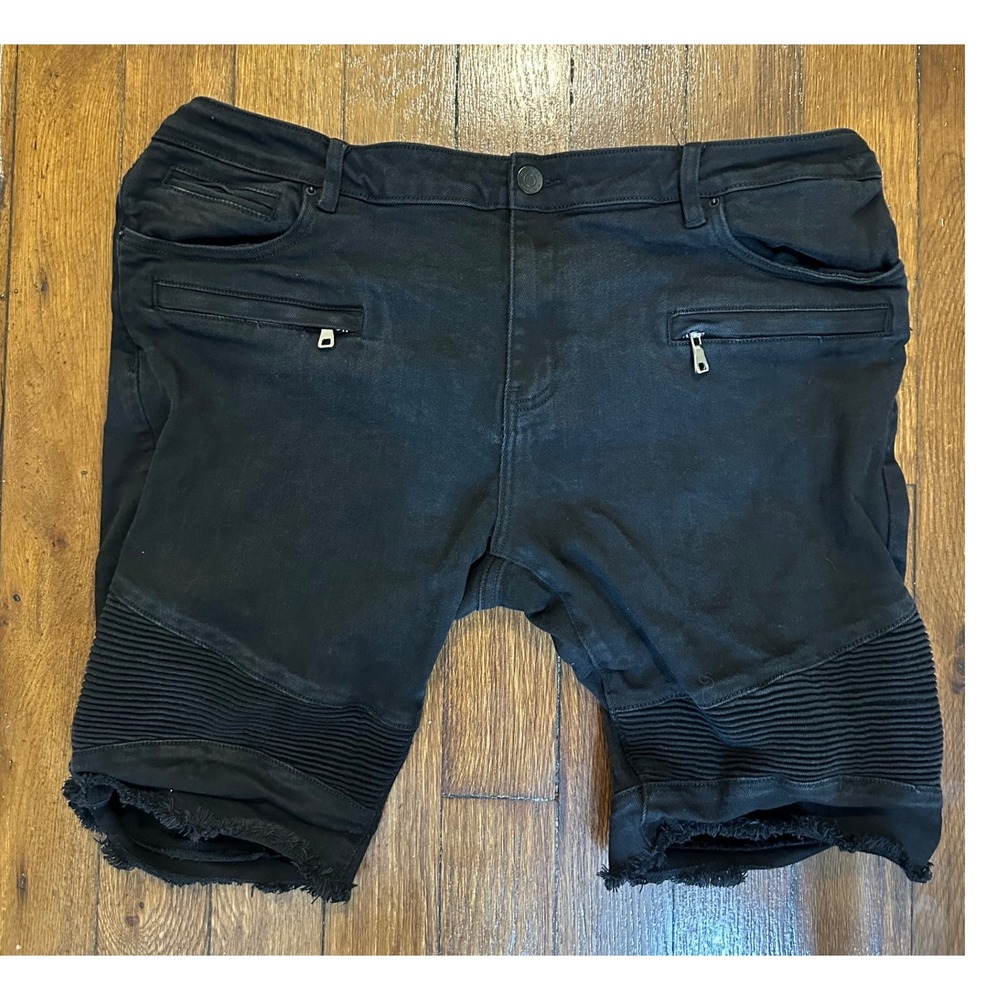 Embellish NYC Black Biker Denim Shorts Mens 42 Moto Ribbed Distressed Streetwear